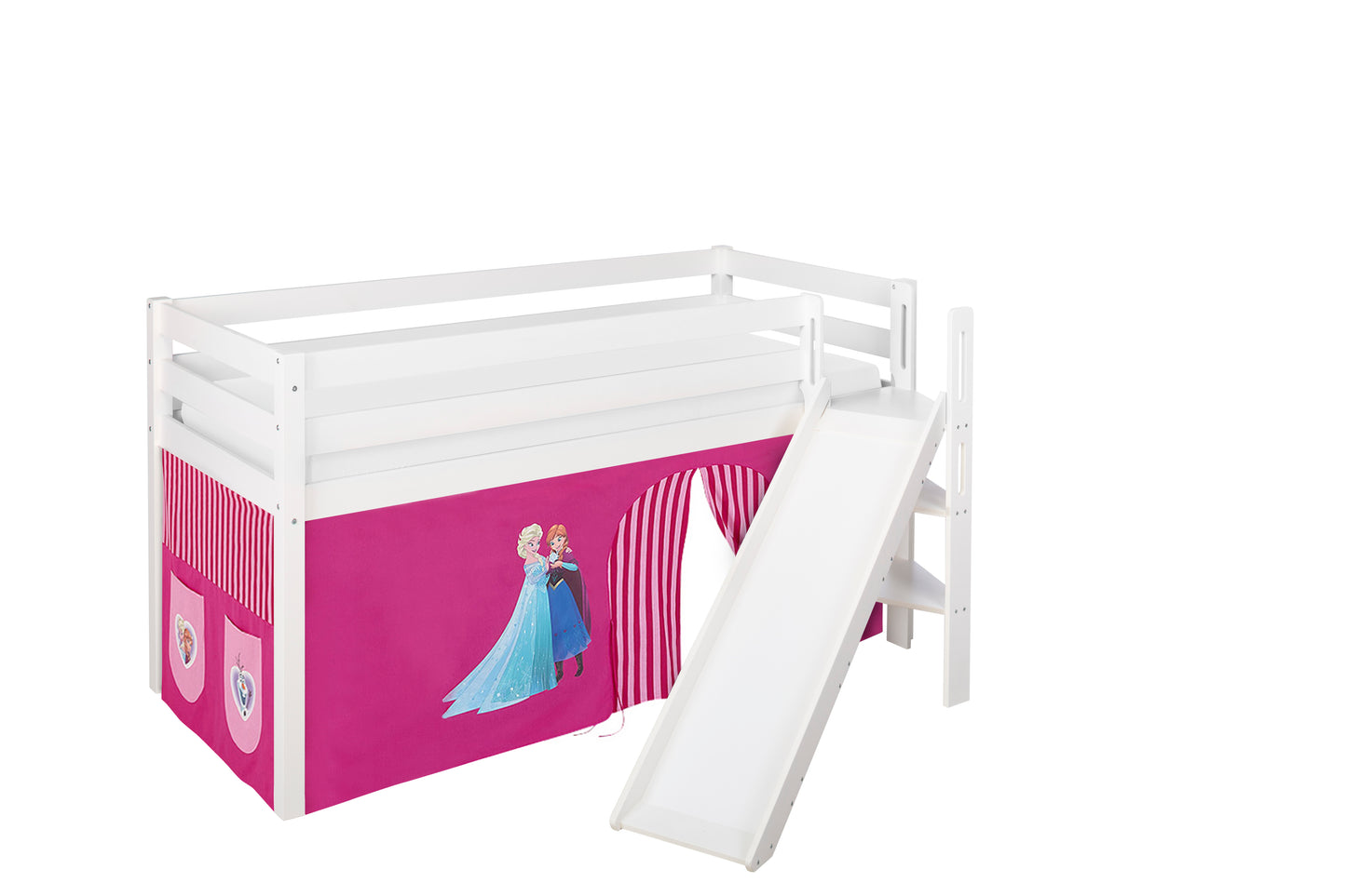 Kinder Hochbett JELLE in weiss mit schräger RUTSCHE und rosa FROZEN / Eiskönigin / Anna & Elsa Vorhang. Kinderbett & Spielbett von LILOKIDS 200x90 cm