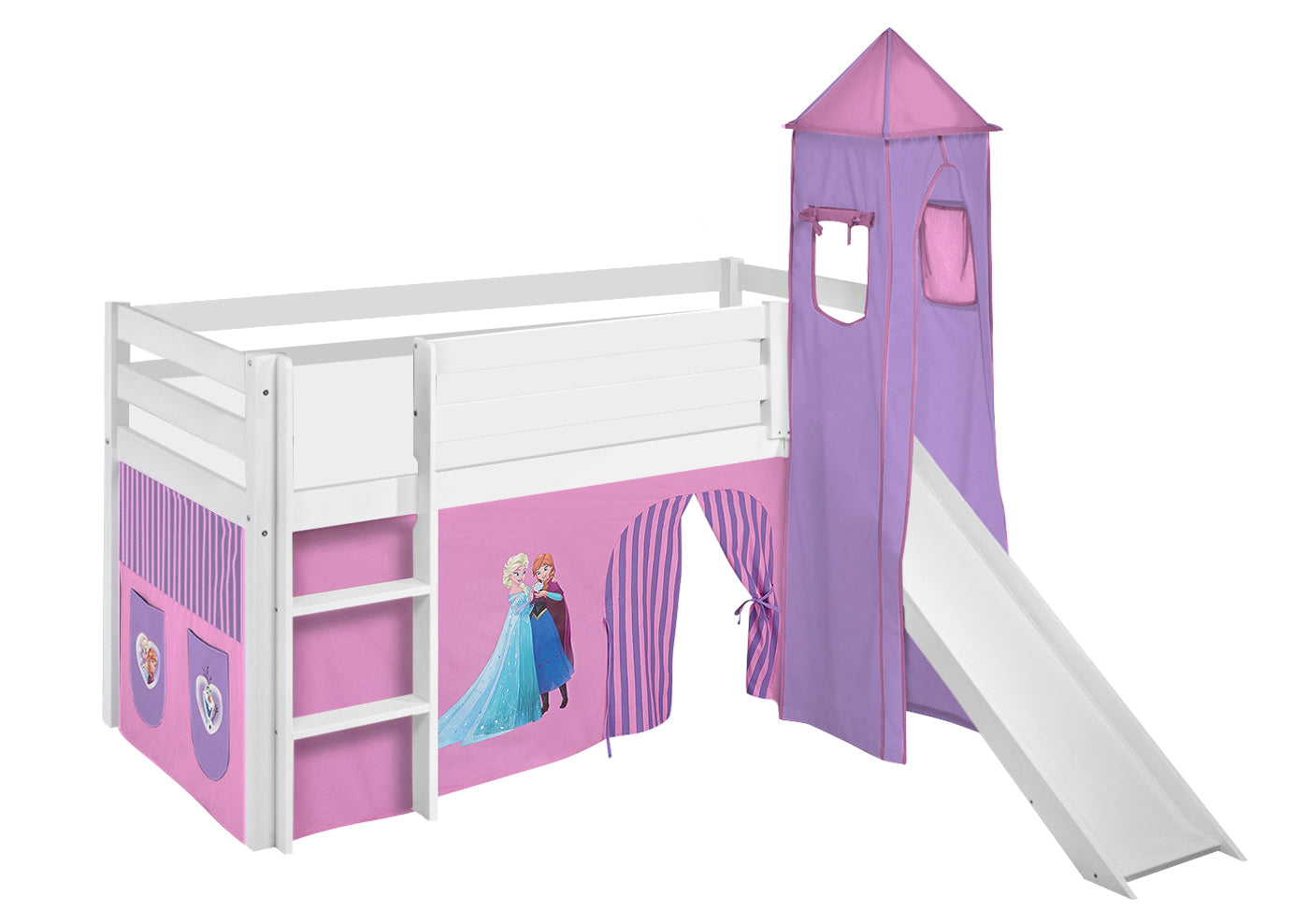 Kinder Hochbett JELLE 190x90cm in weiss mit RUTSCHE, TURM und lila FROZEN / Eiskönigin / Anna & Elsa Vorhang. Kinderbett & Spielbett von LILOKIDS