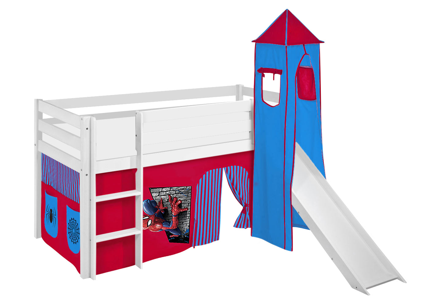 Kinder Hochbett JELLE in weiss mit RUTSCHE, TURM und Spiderman Vorhang. Kinderbett & Spielbett von LILOKIDS 200x90 cm