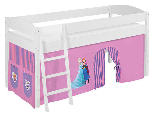 Kinder Hochbett IDA Classic in weiss mit lila FROZEN / Eiskönigin / Anna & Elsa Vorhang. Kinderbett 200x90 cm & Spielbett von LILOKIDS