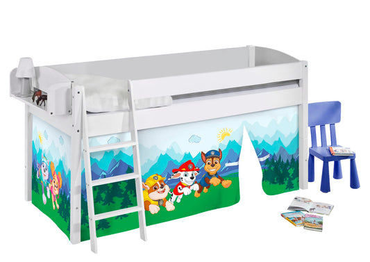 Kinder Hochbett IDA 4105 weiß Vorhang Paw Patrol blau Spielbett 200x90 cm