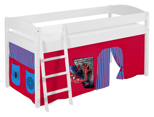 Kinder Hochbett IDA Classic in weiss mit Spiderman Vorhang. Kinderbett 200x90 cm & Spielbett von LILOKIDS