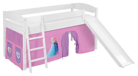 Kinder Hochbett IDA Classic in weiss mit RUTSCHE und lila FROZEN / Eiskönigin / Anna & Elsa Vorhang. Kinderbett 200x90 cm & Spielbett von LILOKIDS