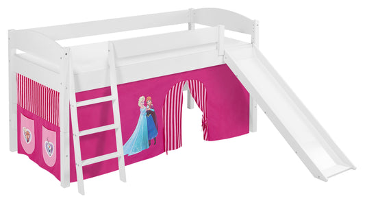 Kinder Hochbett IDA Classic in weiss mit RUTSCHE und rosa FROZEN / Eiskönigin / Anna & Elsa Vorhang. Kinderbett 200x90 cm & Spielbett von LILOKIDS