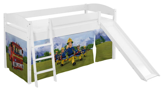 Kinder Hochbett mit Rutsche IDA 4105 weiss mit Vorhang Feuerwehrmann Sam Spielbett 200x90 cm