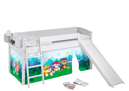 Kinder Hochbett mit Rutsche IDA 4105 weiss mit Vorhang Paw Patrol blau Spielbett 200x90 cm