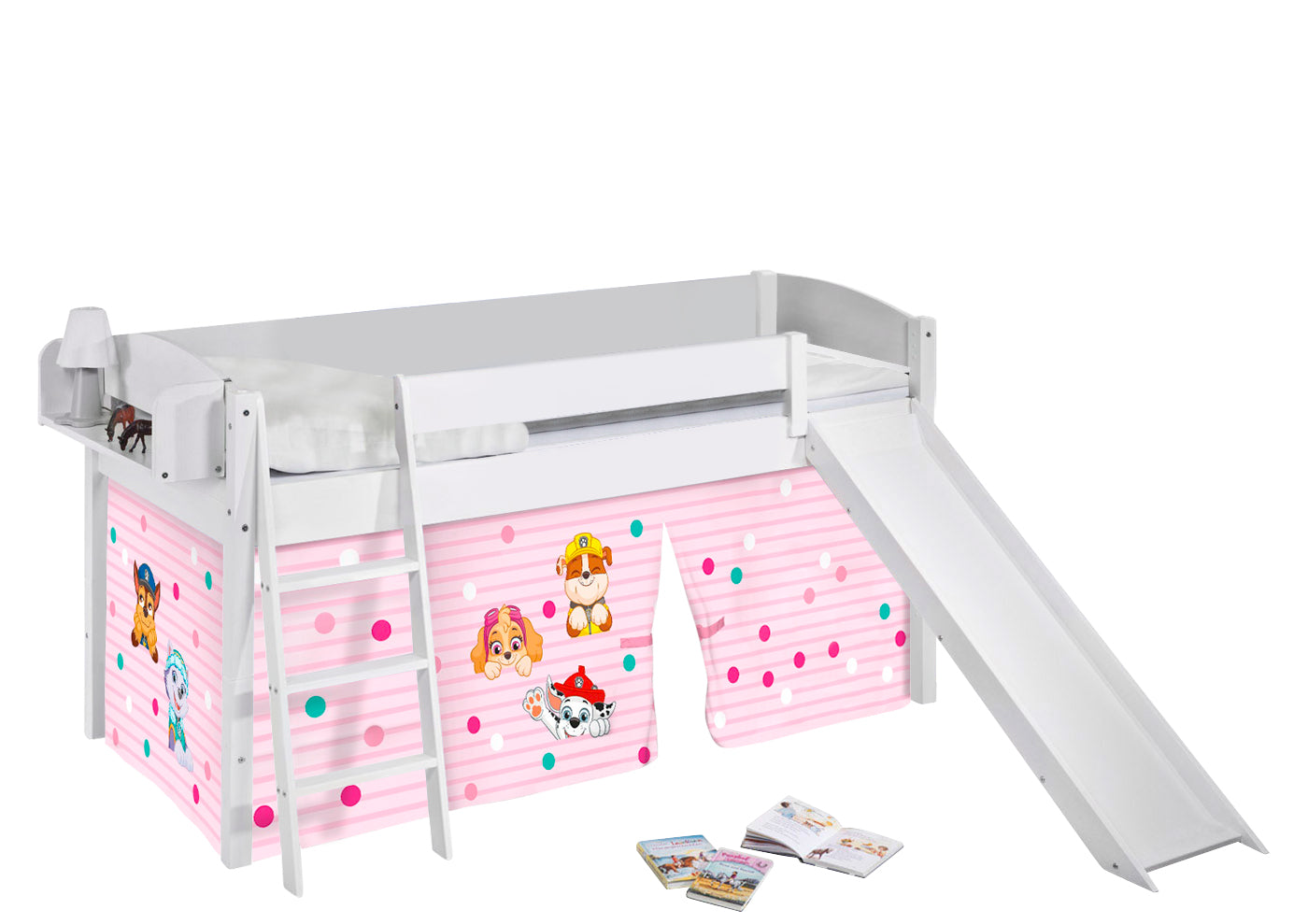 Kinder Hochbett mit Rutsche IDA 4105 weiss mit Vorhang Paw Patrol rosa Spielbett 200x90 cm