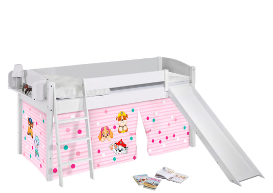 Kinder Hochbett mit Rutsche IDA 4105 weiss mit Vorhang Paw Patrol rosa Spielbett 200x90 cm