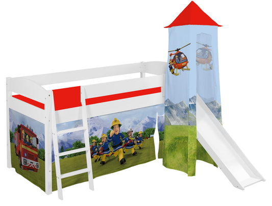Kinder Hochbett mit Turm & Rutsche IDA 4105 Classic weiss mit Vorhang Feuerwehrmann Sam Spielbett 200x90 cm
