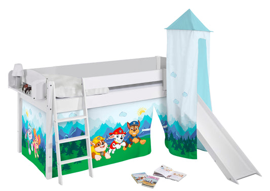 Kinder Hochbett mit Turm & Rutsche IDA 4105 Classic weiss mit Vorhang Paw Patrol blau Spielbett 200x90 cm