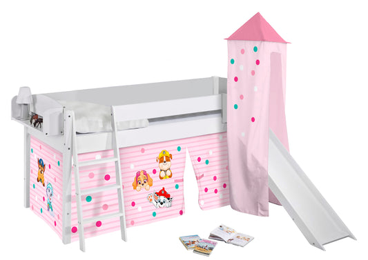 Kinder Hochbett mit Turm & Rutsche IDA 4105 Classic weiss mit Vorhang Paw Patrol rosa Spielbett 200x90 cm