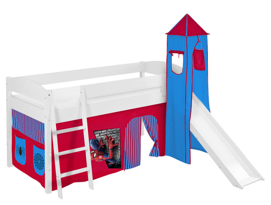 Kinder Hochbett IDA Classic in weiss mit RUTSCHE, TURM und Spiderman Vorhang. Kinderbett 200x90 cm & Spielbett von LILOKIDS