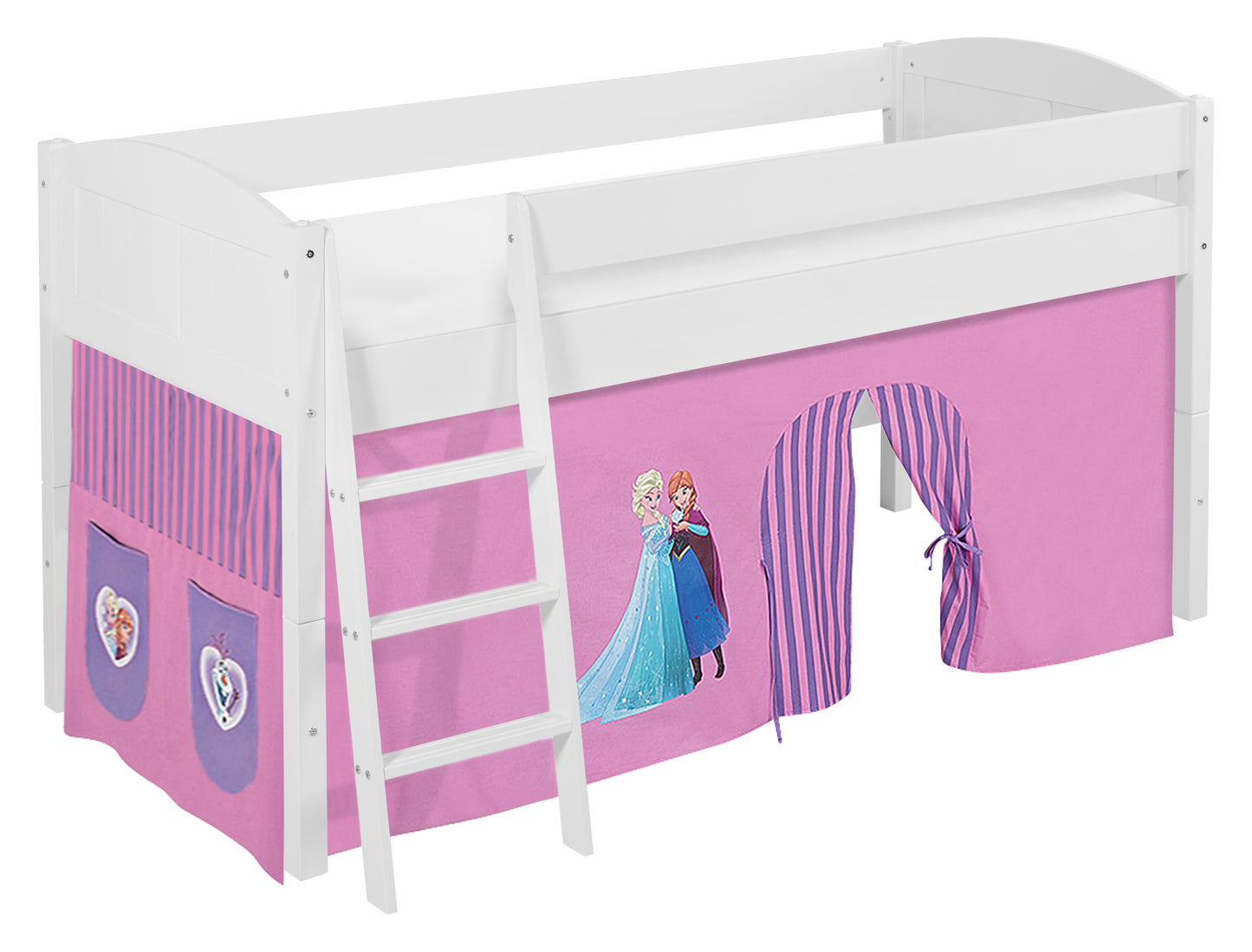 Kinder Hochbett IDA Landhaus in weiss mit lila FROZEN / Eiskönigin / Anna & Elsa Vorhang. Kinderbett 200x90 cm & Spielbett von LILOKIDS