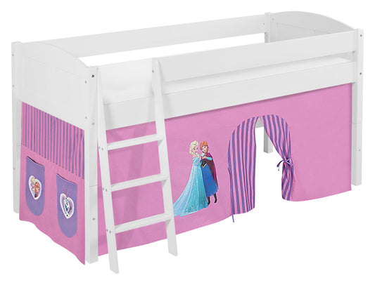 Kinder Hochbett IDA Landhaus in weiss mit lila FROZEN / Eiskönigin / Anna & Elsa Vorhang. Kinderbett 200x90 cm & Spielbett von LILOKIDS