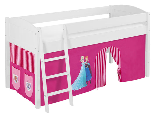 Kinder Hochbett IDA Landhaus in weiss mit rosa FROZEN / Eiskönigin / Anna & Elsa Vorhang. Kinderbett 200x90 cm & Spielbett von LILOKIDS