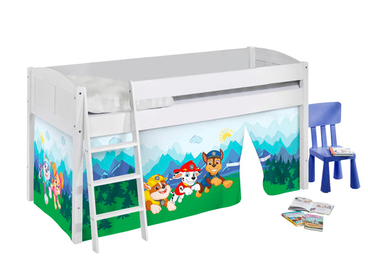 Kinder Hochbett IDA 4106 Landhaus weiß Vorhang Paw Patrol blau Spielbett 200x90 cm