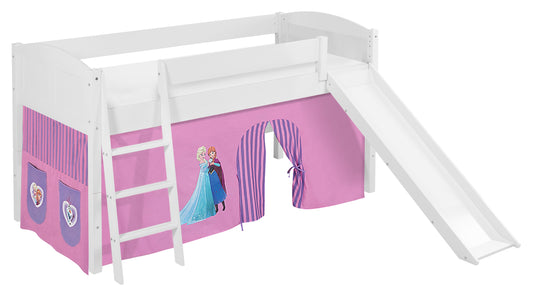 Kinder Hochbett IDA Landhaus in weiss mit RUTSCHE und lila FROZEN / Eiskönigin / Anna & Elsa Vorhang. Kinderbett 200x90 cm & Spielbett von LILOKIDS
