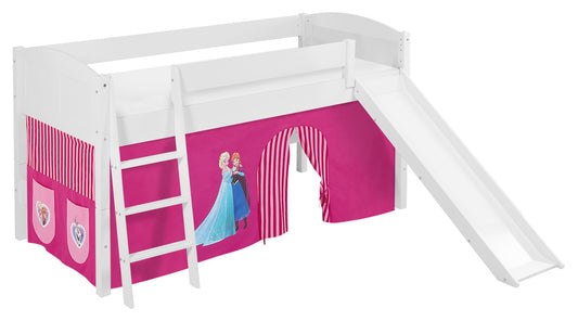 Kinder Hochbett IDA Landhaus in weiss mit RUTSCHE und rosa FROZEN / Eiskönigin / Anna & Elsa Vorhang. Kinderbett 200x90 cm & Spielbett von LILOKIDS