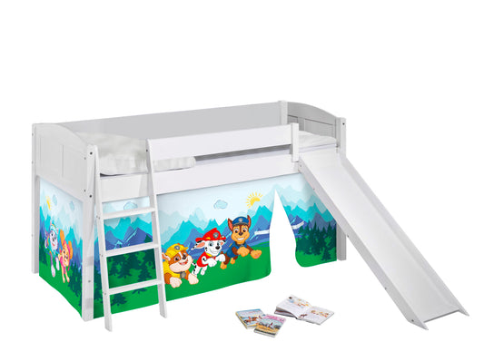 Kinder Hochbett mit Rutsche IDA 4106 Landhaus weiss mit Vorhang Paw Patrol blau Spielbett 200x90 cm