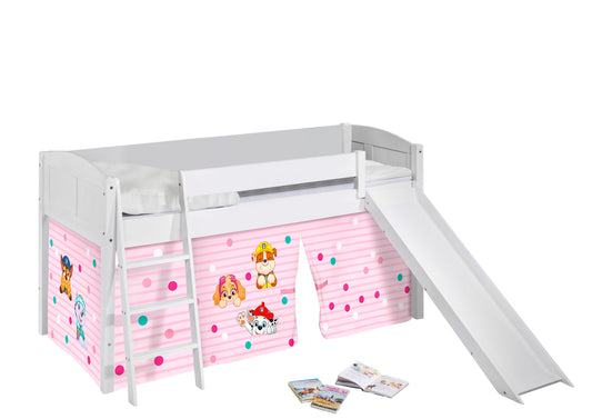 Kinder Hochbett mit Rutsche IDA 4106 Landhaus weiss mit Vorhang Paw Patrol rosa Spielbett 200x90 cm