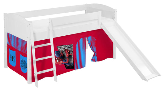 Kinder Hochbett IDA Landhaus in weiss mit RUTSCHE und Spiderman Vorhang. Kinderbett 200x90 cm & Spielbett von LILOKIDS