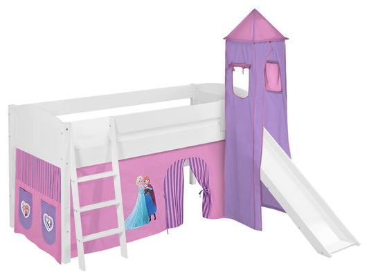 Kinder Hochbett IDA Landhaus in weiss mit RUTSCHE, TURM und lila FROZEN / Eiskönigin / Anna & Elsa Vorhang. Kinderbett 200x90 cm & Spielbett von LILOKIDS