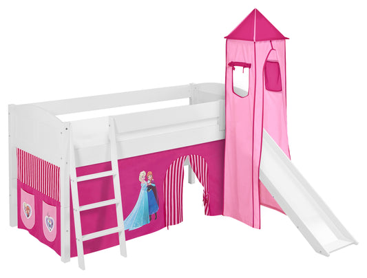 Kinder Hochbett IDA Landhaus in weiss mit RUTSCHE, TURM und rosa FROZEN / Eiskönigin / Anna & Elsa Vorhang. Kinderbett 200x90 cm & Spielbett von LILOKIDS