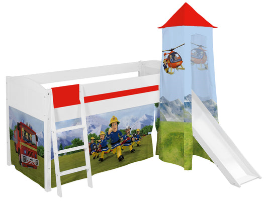 Kinder Hochbett mit Turm & Rutsche IDA 4106 Landhaus weiss mit Vorhang Feuerwehrmann Sam Spielbett 200x90 cm