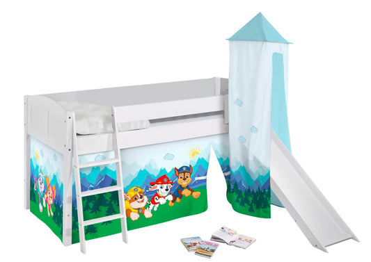 Kinder Hochbett mit Turm & Rutsche IDA 4106 Landhaus weiss mit Vorhang Paw Patrol blau Spielbett 200x90 cm