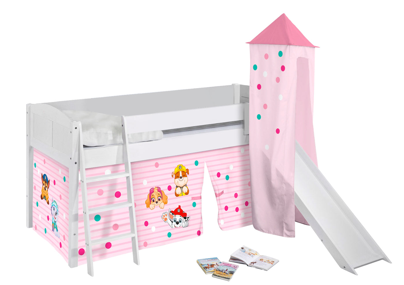 Kinder Hochbett mit Turm & Rutsche IDA 4106 Landhaus weiss mit Vorhang Paw Patrol rosa Spielbett 200x90 cm