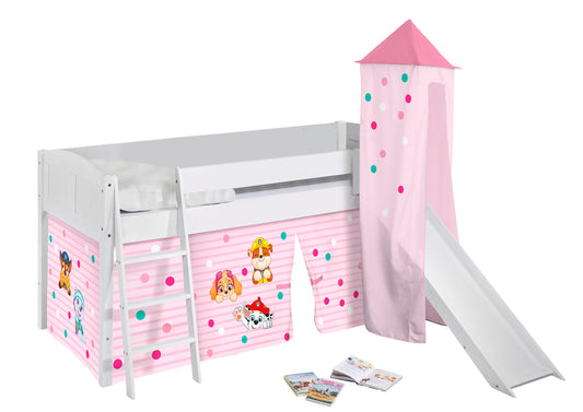 Kinder Hochbett mit Turm & Rutsche IDA 4106 Landhaus weiss mit Vorhang Paw Patrol rosa Spielbett 200x90 cm