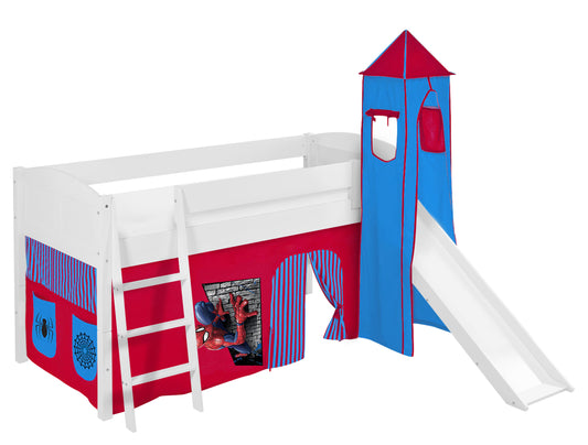 Kinder Hochbett IDA Landhaus in weiss mit RUTSCHE, TURM und Spiderman Vorhang. Kinderbett 200x90 cm & Spielbett von LILOKIDS