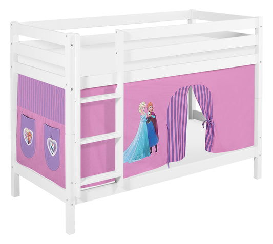 Kinder Etagenbett JELLE 190x90cm TÜV & GS geprüft mit lila FROZEN / Eiskönigin / Anna & Elsa Vorhang & 2 Lattenroste. Hochbett für Kinder von LILOKIDS