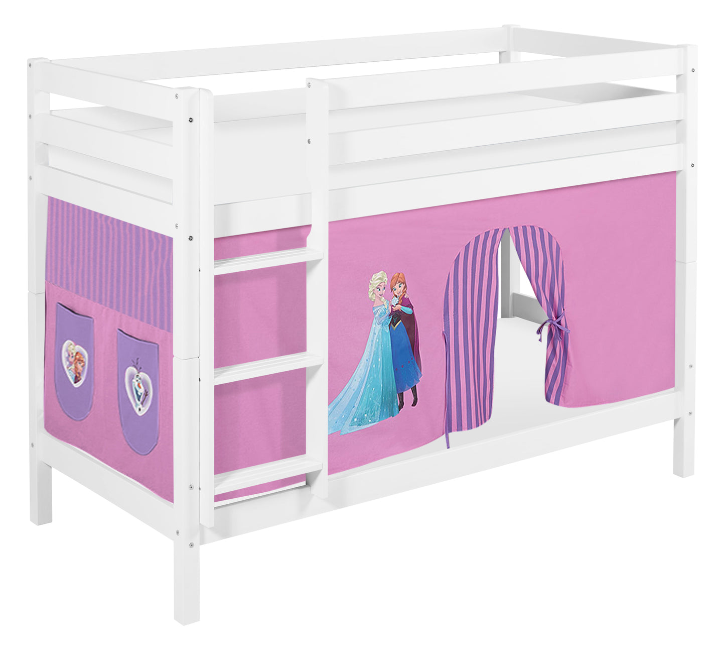 Kinder Etagenbett JELLE mit lila FROZEN / Eiskönigin / Anna & Elsa Vorhang & 2 Lattenroste. Hochbett 200x90 cm für Kinder von LILOKIDS.