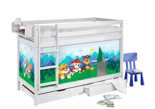 Kinder Etagenbett JELLE 1054 mit 2 Lattenrosten TÜV & GS geprüft & Vorhang Paw Patrol blau 200x90 cm
