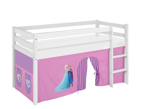 Kinder Hochbett JELLE in weiss mit lila FROZEN / Eiskönigin / Anna & Elsa Vorhang. Kinderbett 200x90 cm & Spielbett von LILOKIDS