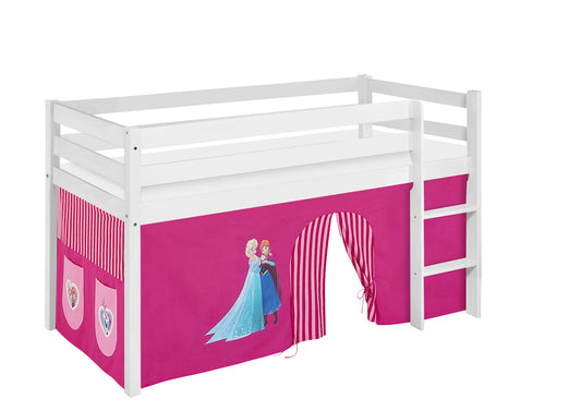 Kinder Hochbett JELLE in weiss mit rosa FROZEN / Eiskönigin / Anna & Elsa Vorhang. Kinderbett 200x90 cm& Spielbett von LILOKIDS