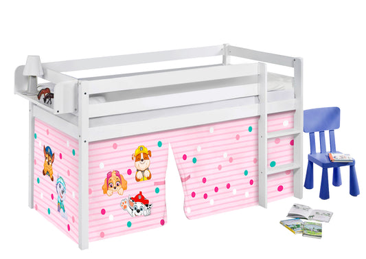 Kinder Hochbett JELLE 2054 weiss mit Vorhang Paw Patrol rosa Spielbett 200x90 cm