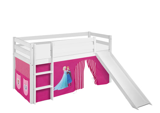 Kinder Hochbett JELLE in weiss mit RUTSCHE und rosa FROZEN / Eiskönigin / Anna & Elsa Vorhang. Kinderbett & Spielbett von LILOKIDS 200x90 cm