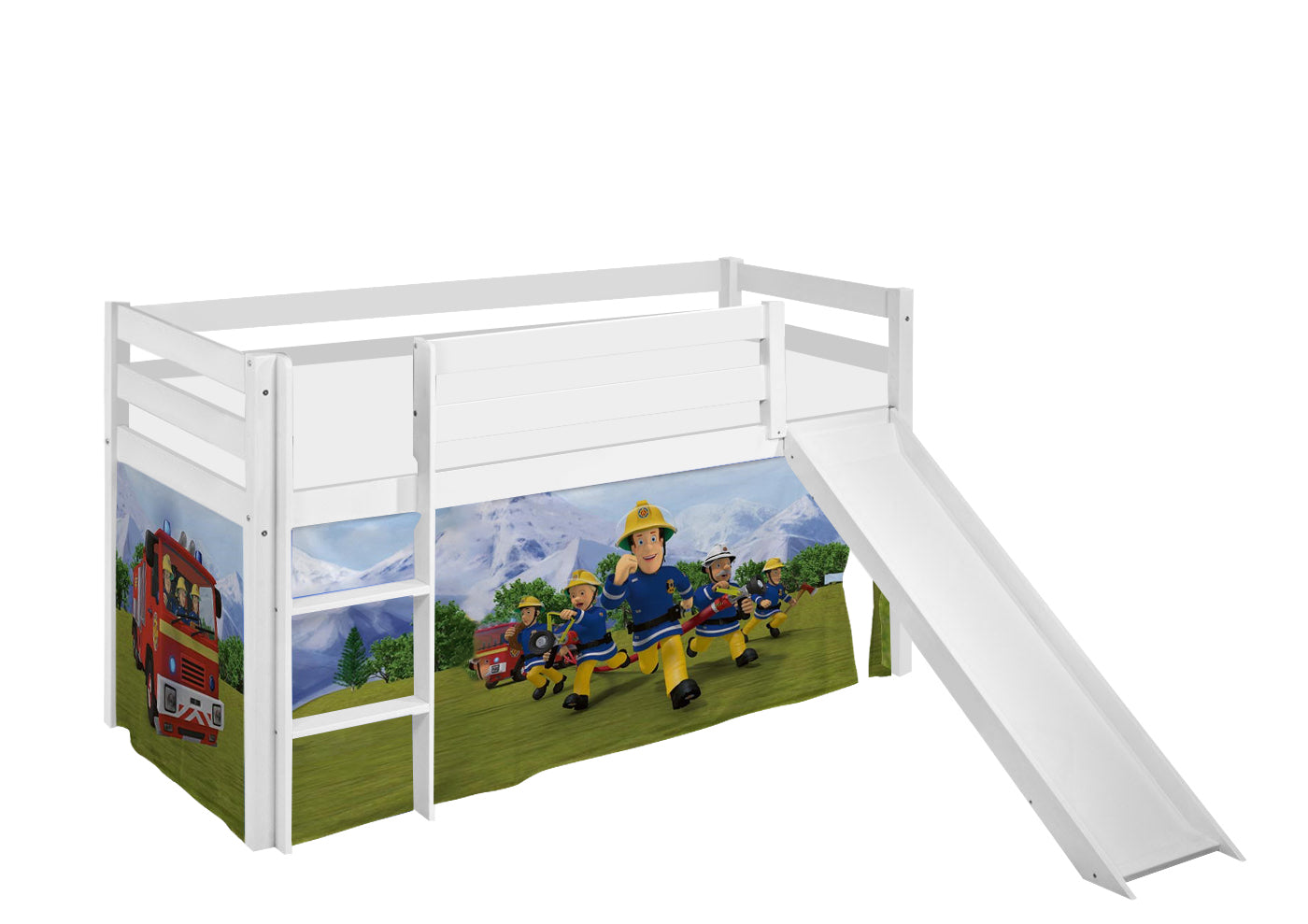 Kinder Hochbett mit Rutsche JELLE 3054 weiss mit Vorhang Feuerwehrmann Sam 200x90 cm