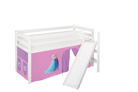Kinder Hochbett JELLE in weiss mit schräger RUTSCHE und lila FROZEN / Eiskönigin / Anna & Elsa Vorhang. Kinderbett & Spielbett von LILOKIDS 200x90 cm