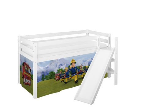 Kinder Hochbett mit schräger Rutsche JELLE 3054 weiss mit Vorhang Feuerwehrmann Sam 190x90 cm