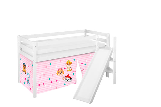 Kinder Hochbett mit schräger Rutsche JELLE 3054 weiss mit Vorhang Paw Patrol rosa 200x90 cm
