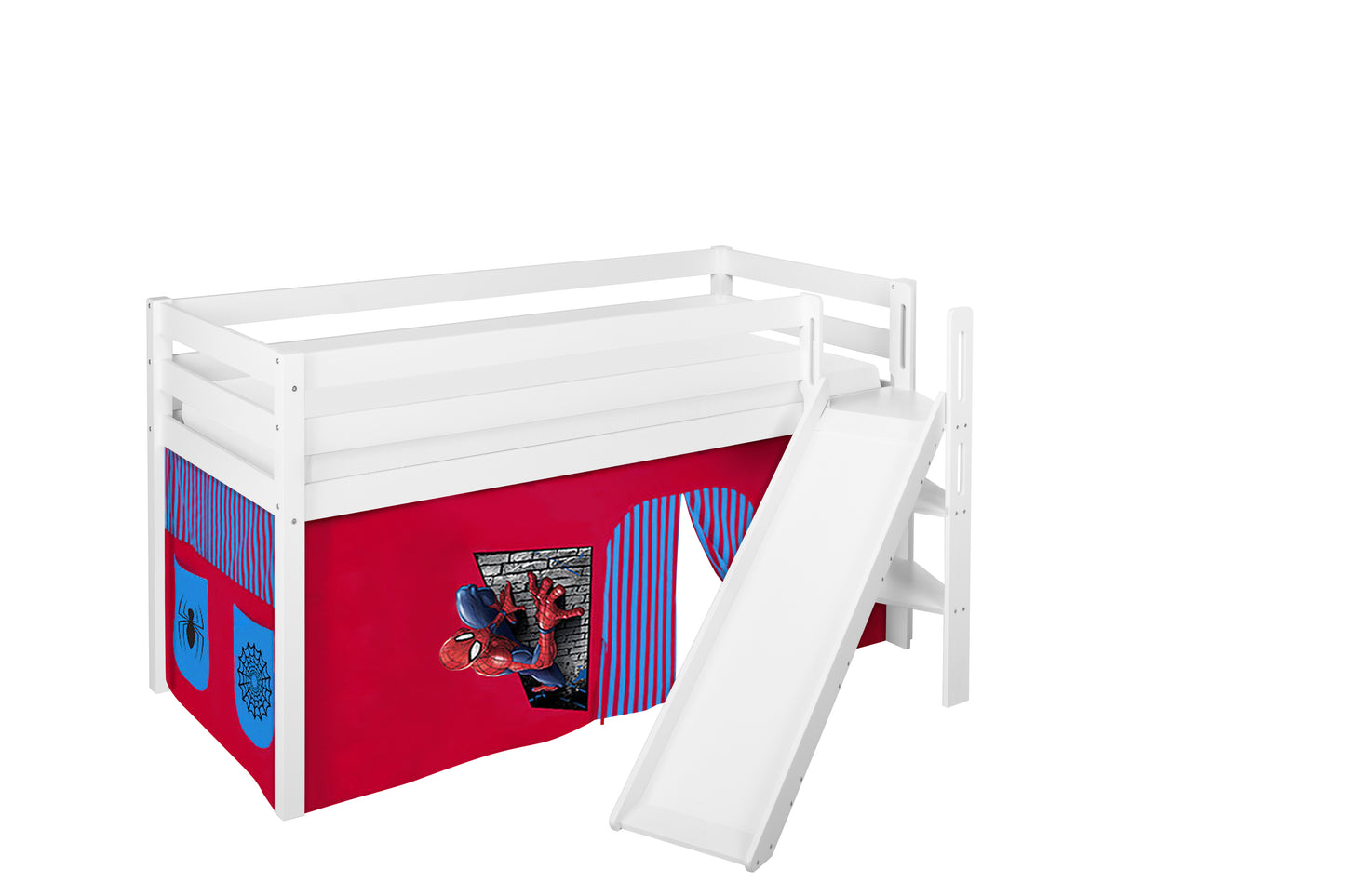 Kinder Hochbett JELLE 190x90cm in weiss mit schräger RUTSCHE und Spiderman Vorhang. Kinderbett & Spielbett von LILOKIDS