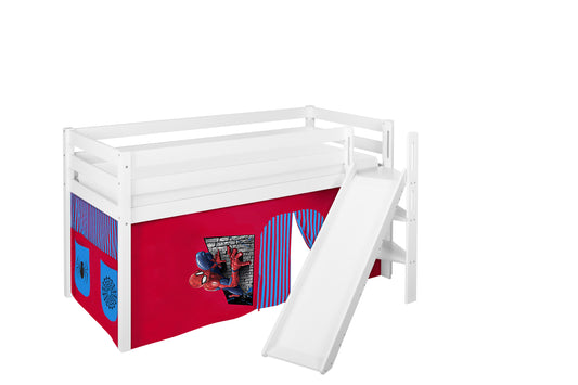 Kinder Hochbett JELLE 190x90cm in weiss mit schräger RUTSCHE und Spiderman Vorhang. Kinderbett & Spielbett von LILOKIDS