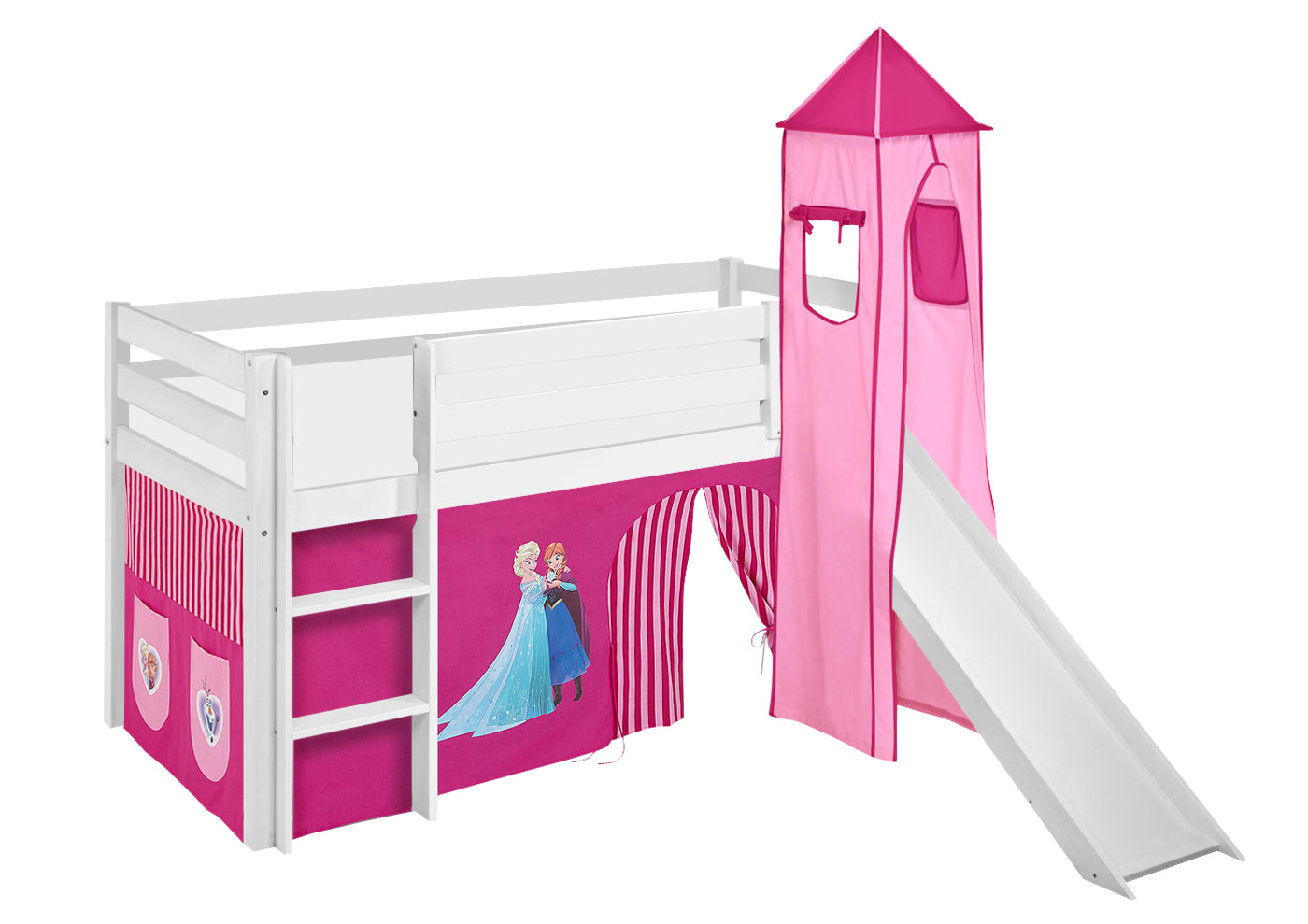 Kinder Hochbett JELLE in weiss mit RUTSCHE, TURM und rosa FROZEN / Eiskönigin / Anna & Elsa Vorhang. Kinderbett & Spielbett von LILOKIDS 200x90 cm