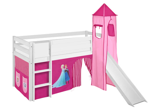 Kinder Hochbett JELLE in weiss mit RUTSCHE, TURM und rosa FROZEN / Eiskönigin / Anna & Elsa Vorhang. Kinderbett & Spielbett von LILOKIDS 200x90 cm