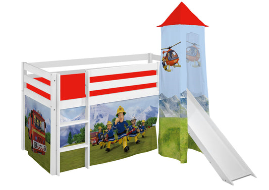 Kinder Hochbett mit Turm & Rutsche JELLE 3054 weiss mit Vorhang Feuerwehrmann Sam 190x90 cm