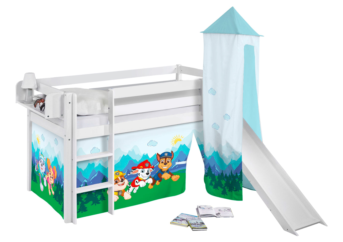 Kinder Hochbett mit Turm & Rutsche JELLE 3054 weiss mit Vorhang Paw Patrol blau 200x90 cm