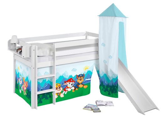 Kinder Hochbett mit Turm & Rutsche JELLE 3054 weiss mit Vorhang Paw Patrol blau 200x90 cm